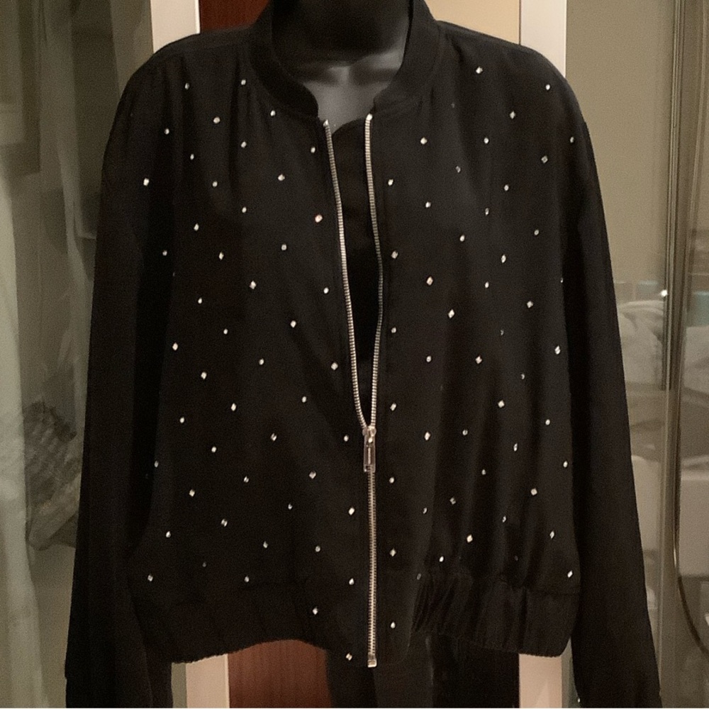 MICHAEL Michael Kors Black Bomber Jacket with Silver Accents